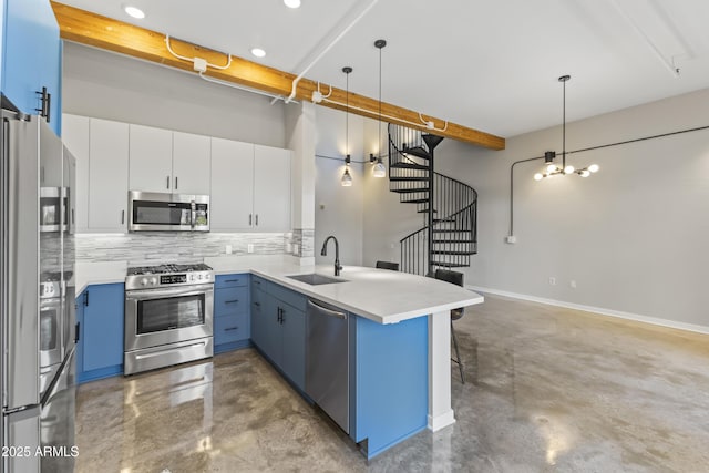 kitchen with stainless steel appliances, sink, hanging light fixtures, and white cabinets