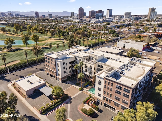 drone / aerial view featuring a mountain view