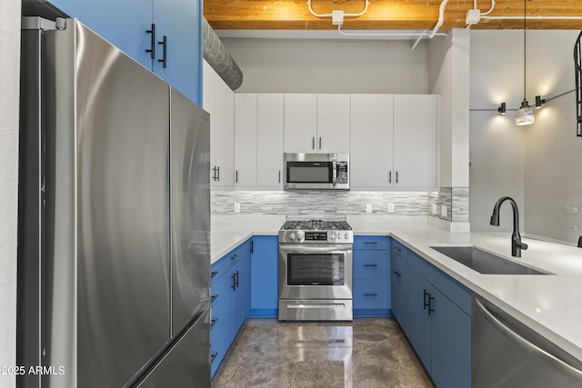 kitchen with decorative light fixtures, blue cabinets, sink, white cabinets, and stainless steel appliances