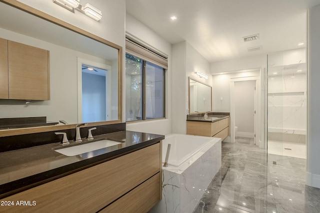 full bathroom with toilet, vanity, and plus walk in shower