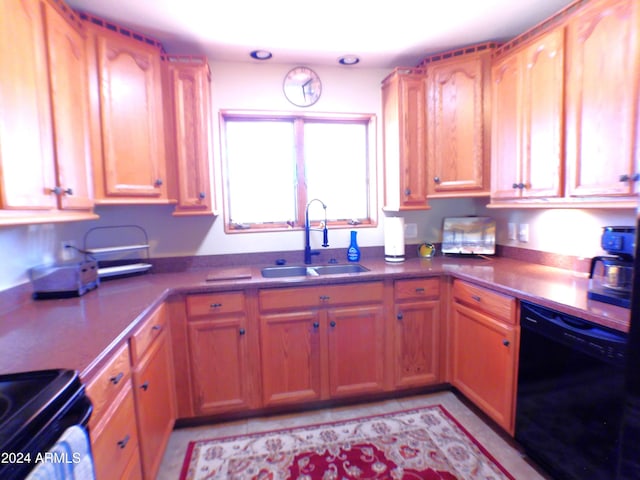 kitchen with sink, light tile patterned flooring, and black appliances