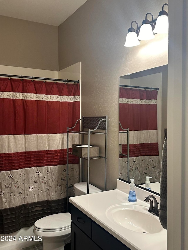 full bathroom with independent shower and bath, toilet, and vanity