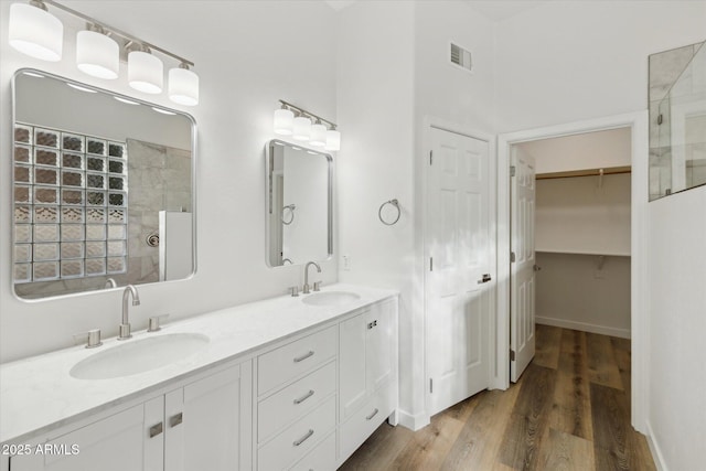 bathroom with visible vents, a sink, a spacious closet, and a walk in shower