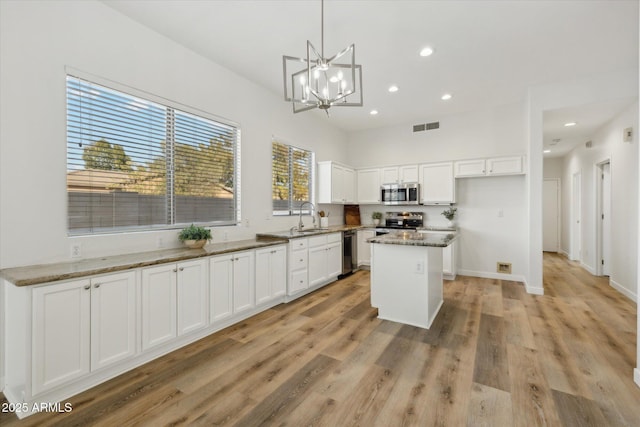 kitchen featuring a center island, stainless steel appliances, visible vents, white cabinets, and a sink