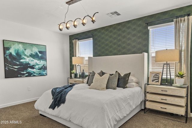 1342 W Hess Ave, Coolidge, AZ 85128 - bedroom featuring carpet, baseboards, a chandelier, and wallpapered walls