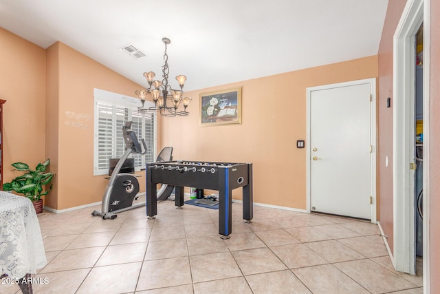 rec room with visible vents, baseboards, light tile patterned floors, and an inviting chandelier