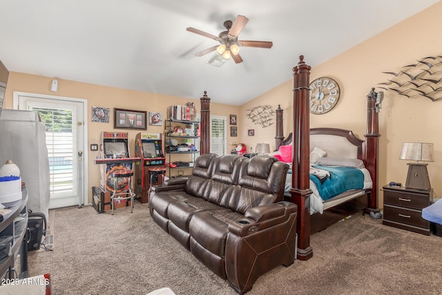 bedroom featuring carpet floors, access to outside, a ceiling fan, and lofted ceiling
