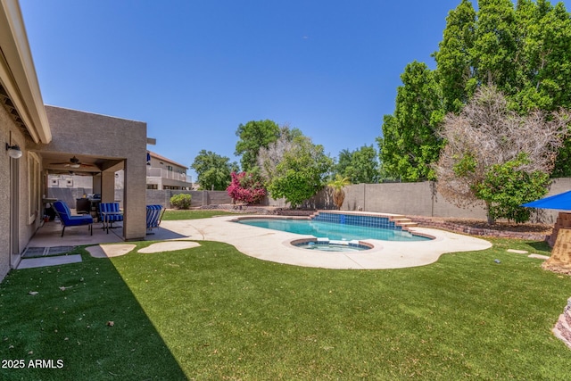 view of pool featuring a lawn, a fenced backyard, and a patio area