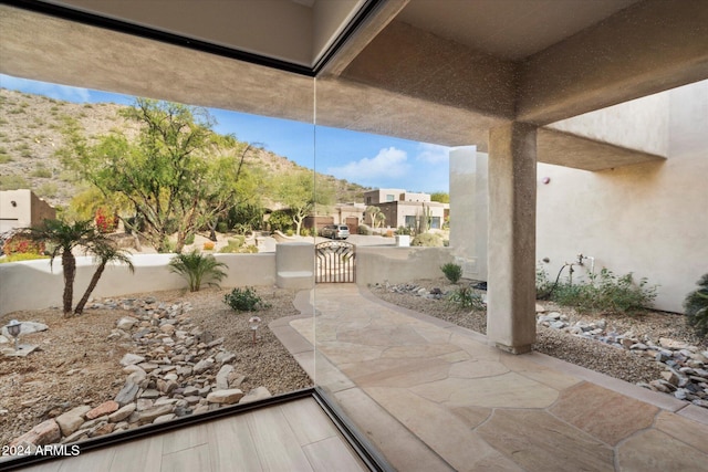 view of patio featuring a mountain view