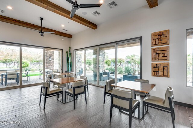 4630 E Navigator Ln, Phoenix, AZ 85050 - dining area with ceiling fan, beamed ceiling, light wood-style floors, recessed lighting, and baseboards