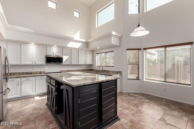 kitchen with dark cabinets, stainless steel appliances, a sink, white cabinetry, and plenty of natural light