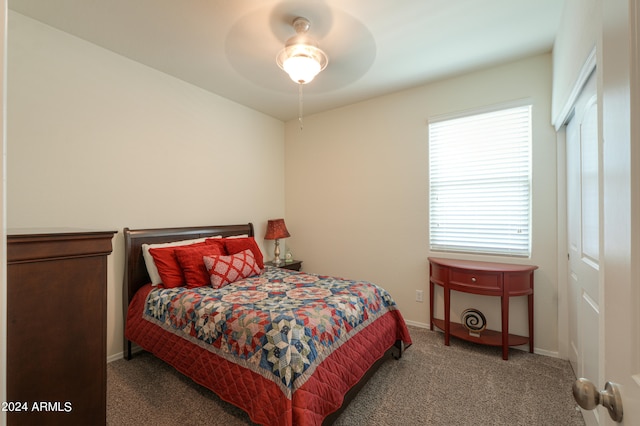 bedroom with ceiling fan, a closet, and carpet flooring