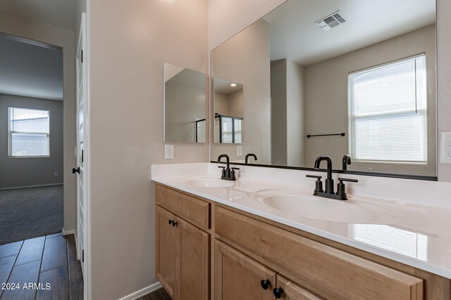 bathroom featuring wood-type flooring, vanity, and a healthy amount of sunlight