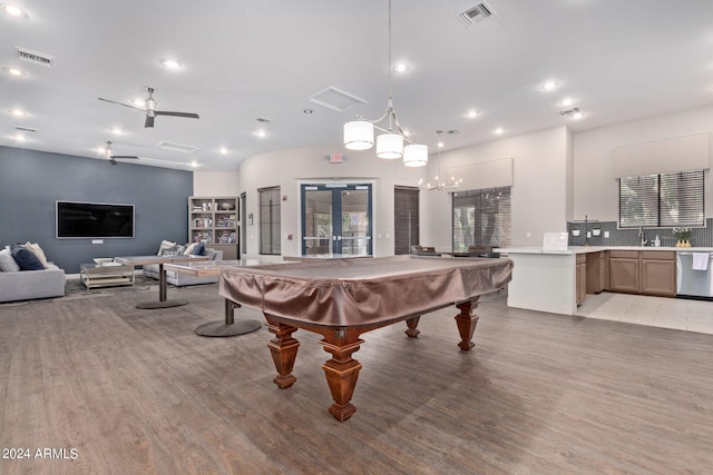 recreation room with light wood-style floors, french doors, visible vents, and billiards