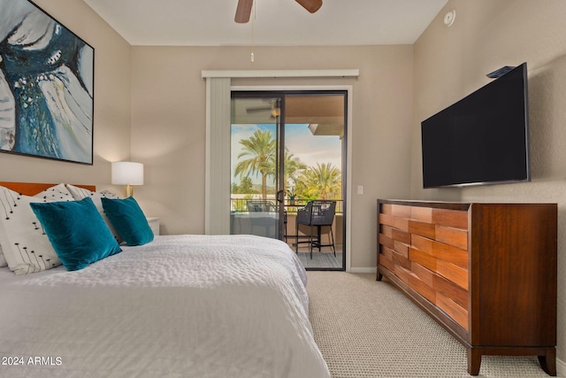 carpeted bedroom with access to outside, baseboards, and a ceiling fan