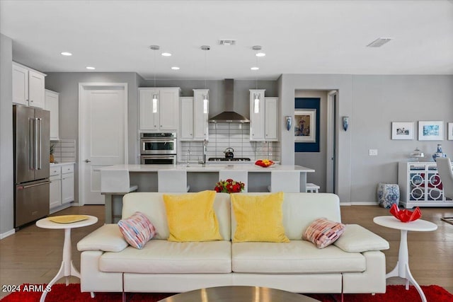 living room featuring dark wood-type flooring