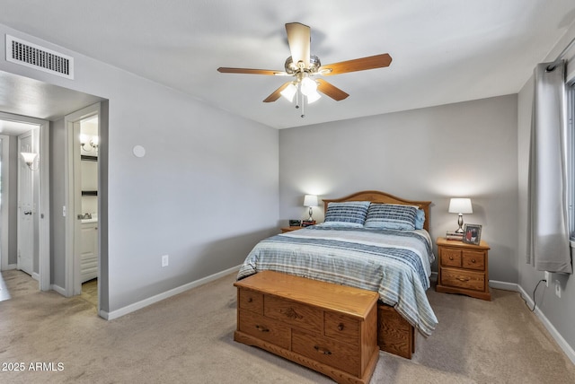 bedroom featuring light carpet, baseboards, visible vents, and ceiling fan