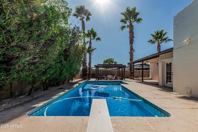 5333 E Sheena Dr, Scottsdale, AZ 85254 - view of swimming pool featuring a gazebo, a fenced backyard, a diving board, and a patio