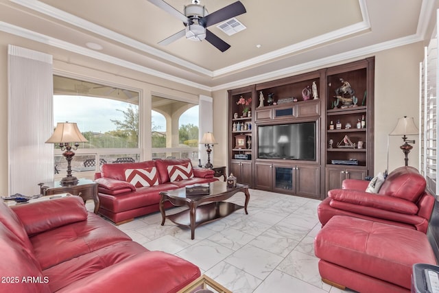 30056 N 129th Ave, Peoria, AZ 85383 - living room featuring crown molding, a raised ceiling, and ceiling fan