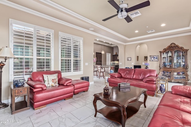 30056 N 129th Ave, Peoria, AZ 85383 - living room featuring crown molding and ceiling fan