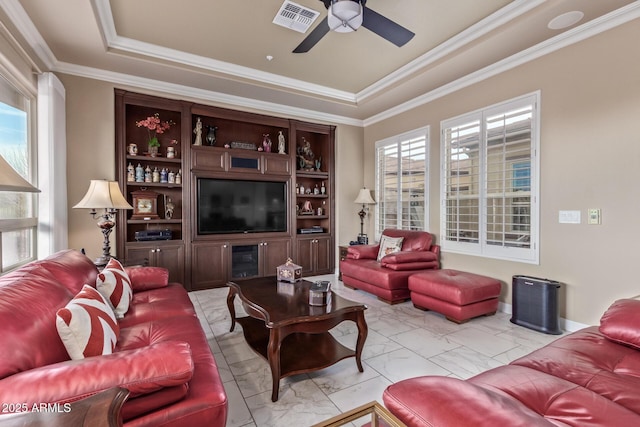 30056 N 129th Ave, Peoria, AZ 85383 - living room featuring a raised ceiling, ornamental molding, and ceiling fan