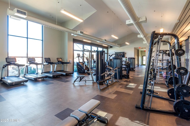 exercise room with a high ceiling