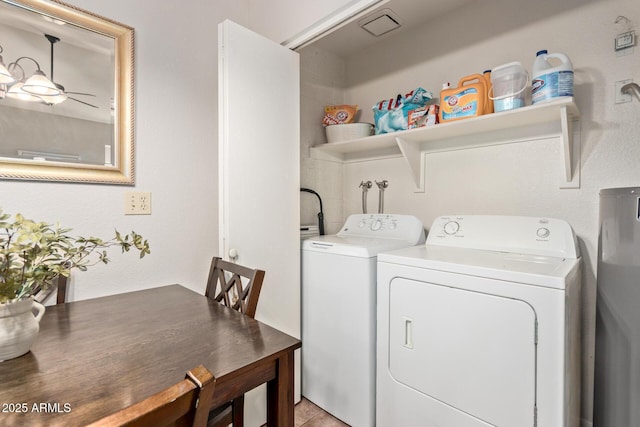 laundry room with laundry area, ceiling fan, and washer and dryer