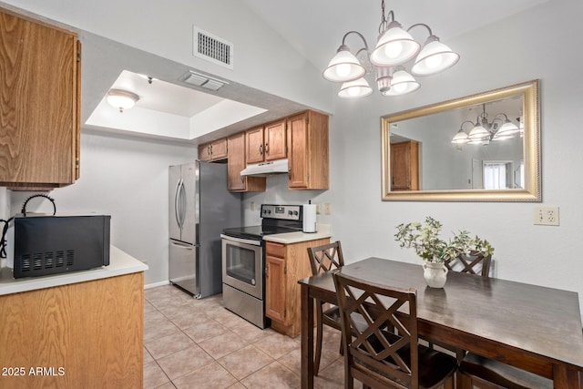 kitchen featuring brown cabinets, appliances with stainless steel finishes, a chandelier, under cabinet range hood, and visible vents