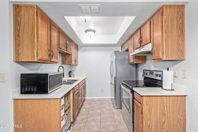 kitchen featuring a sink, light countertops, stainless steel appliances, under cabinet range hood, and visible vents