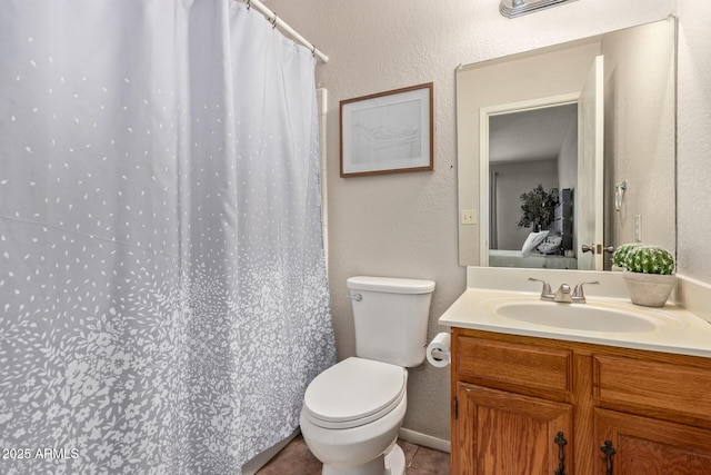 full bath featuring toilet, a shower with shower curtain, and vanity