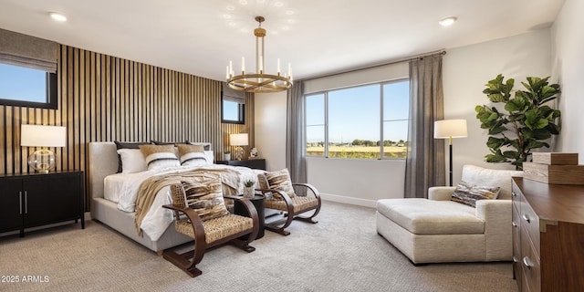 bedroom featuring light carpet, recessed lighting, baseboards, and a notable chandelier