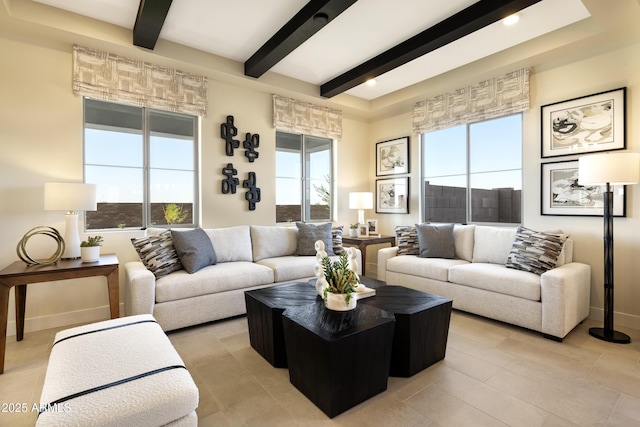 living room with recessed lighting, beam ceiling, and baseboards