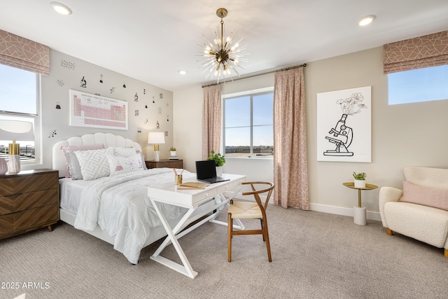 bedroom featuring a chandelier, recessed lighting, carpet flooring, and baseboards