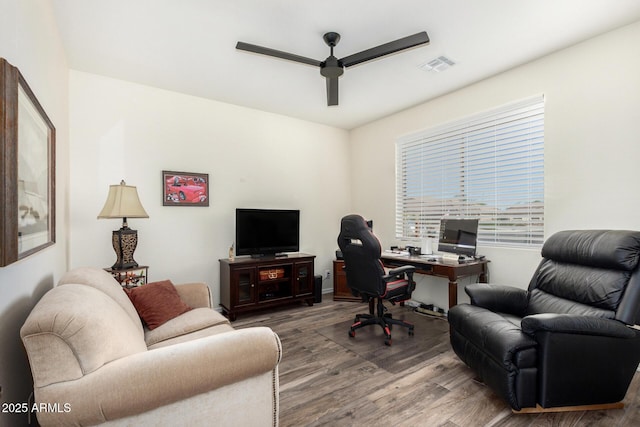 11312 E Newcastle Ave, Mesa, AZ 85209 - office area featuring ceiling fan and wood finished floors