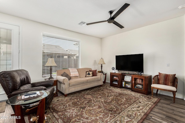 11312 E Newcastle Ave, Mesa, AZ 85209 - living room featuring a ceiling fan and wood finished floors