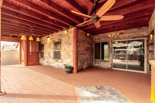 wooden terrace featuring ceiling fan