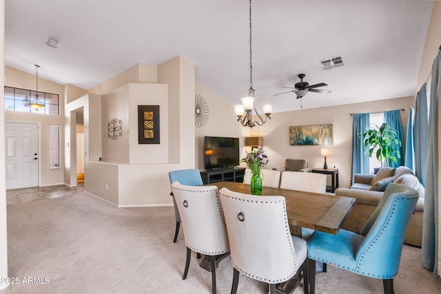 300 W Cardinal Way, Chandler, AZ 85286 - carpeted dining area featuring vaulted ceiling, a ceiling fan, baseboards, and a chandelier