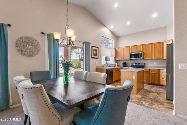 300 W Cardinal Way, Chandler, AZ 85286 - dining space featuring high vaulted ceiling, a chandelier, recessed lighting, light colored carpet, and baseboards