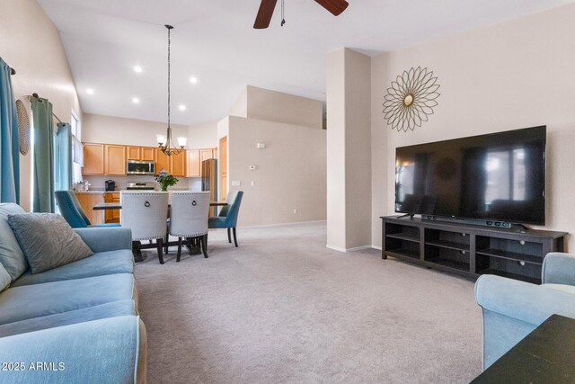 300 W Cardinal Way, Chandler, AZ 85286 - living room featuring light colored carpet, ceiling fan, a chandelier, baseboards, and lofted ceiling