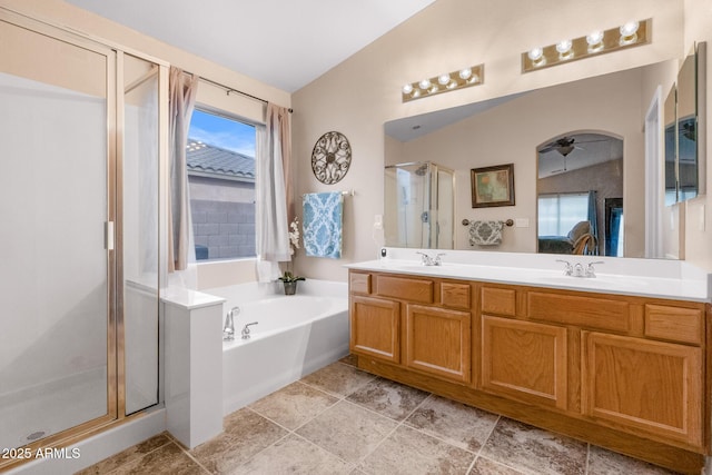 300 W Cardinal Way, Chandler, AZ 85286 - ensuite bathroom with a shower stall, a bath, double vanity, and a ceiling fan