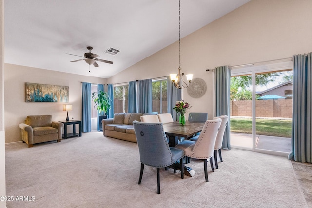 300 W Cardinal Way, Chandler, AZ 85286 - carpeted dining room with a chandelier, high vaulted ceiling, and a ceiling fan