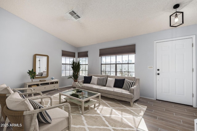 living room featuring plenty of natural light, lofted ceiling, and a textured ceiling