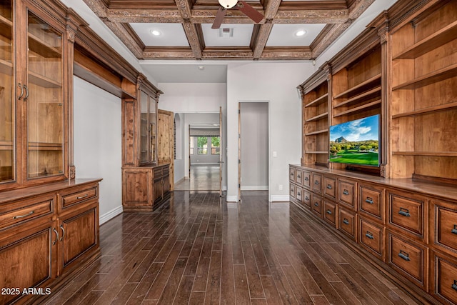 living room featuring dark hardwood / wood-style flooring, ornamental molding, coffered ceiling, and beamed ceiling