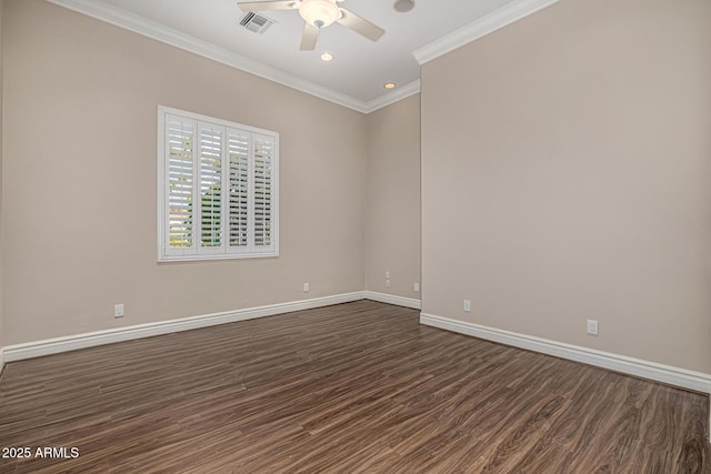 spare room with ceiling fan, dark wood-type flooring, and ornamental molding