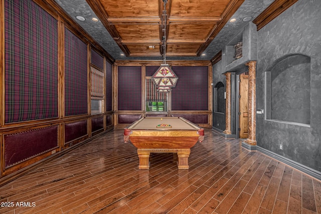 game room with beamed ceiling, pool table, coffered ceiling, and ornamental molding