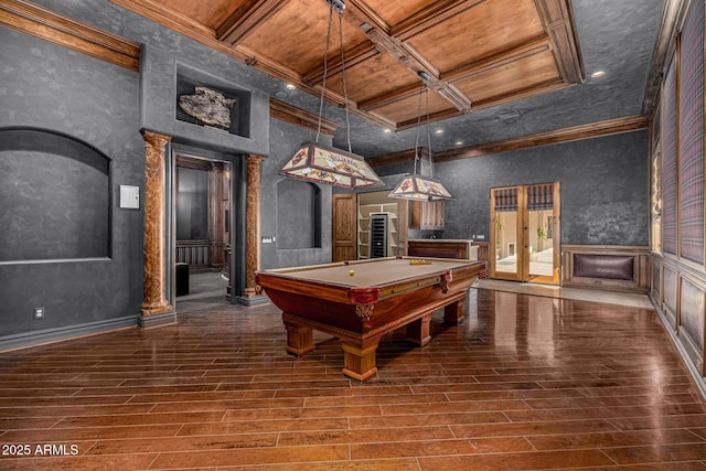 game room with coffered ceiling, wooden ceiling, billiards, ornamental molding, and beam ceiling