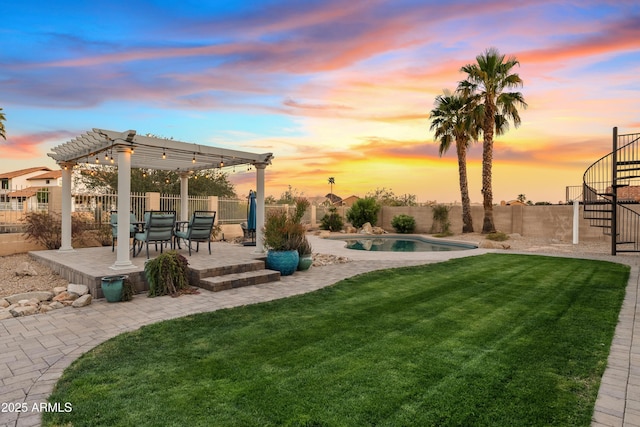 view of yard featuring a patio area, a fenced in pool, a fenced backyard, and a pergola