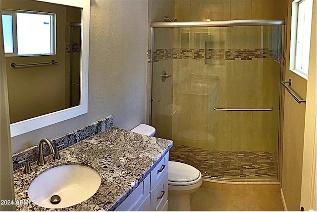 bathroom featuring a shower stall, toilet, and vanity