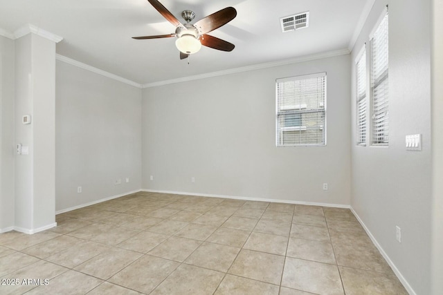 unfurnished room with light tile patterned floors, baseboards, visible vents, ceiling fan, and crown molding