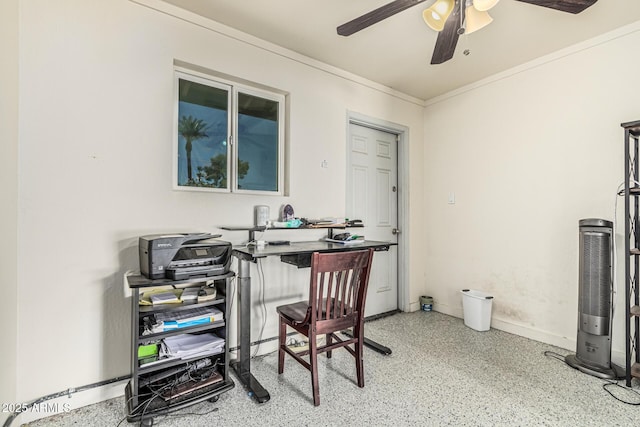 8620 E Sells Dr, Scottsdale, AZ 85251 - home office with a ceiling fan, speckled floor, and ornamental molding